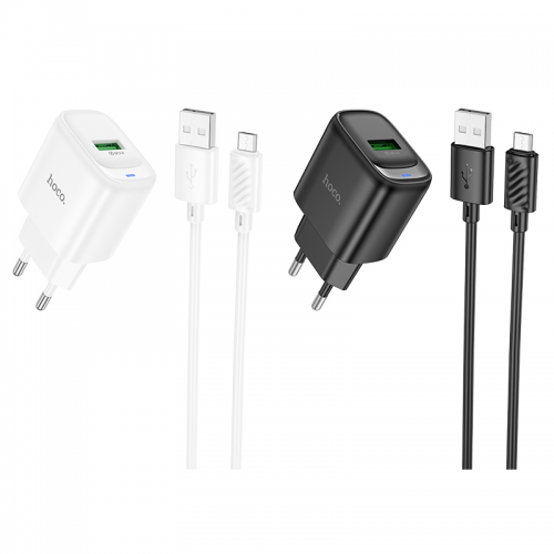 Сетевое зарядное устройство с кабелем HOCO C140A Smart single port QC3.0 charger set (Micro) (EU) Black
