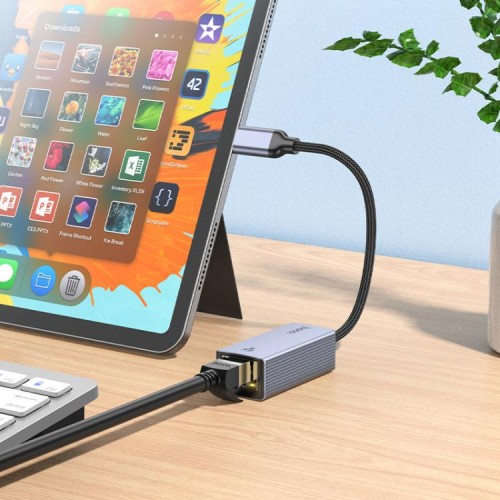 Мережевий адаптер HOCO UA37 Type-C ethernet adapter (1000 Mbps) Metal Gray