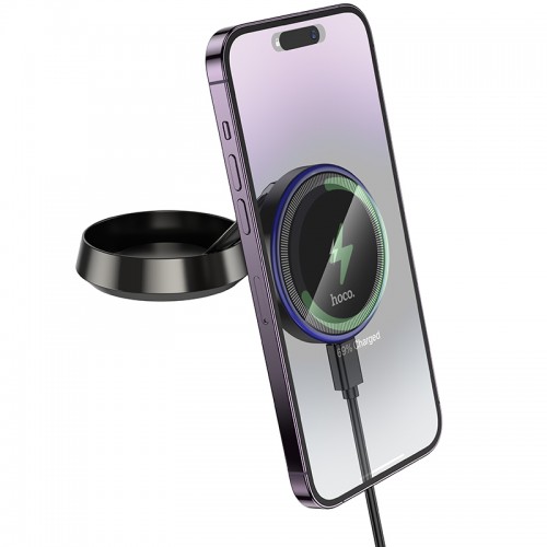 Автотримач для телефона з БЗП HOCO HW33 Metal ring magnetic wireless fast charging car holder (center console) Metal Grey