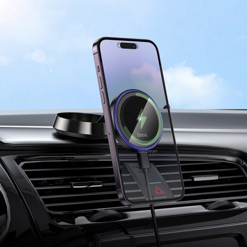 Автотримач для телефона з БЗП HOCO HW33 Metal ring magnetic wireless fast charging car holder (center console) Metal Grey