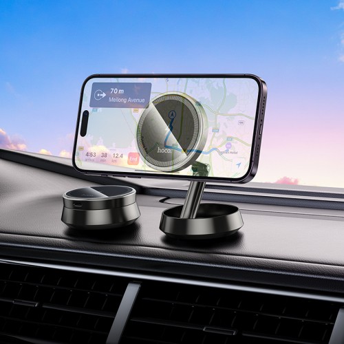 Автотримач для телефона з БЗП HOCO HW33 Metal ring magnetic wireless fast charging car holder (center console) Metal Grey