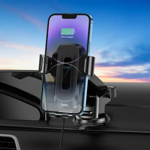 Автотримач для телефона з БЗП HOCO HW3 Wise automatic induction wireless fast charging car holder(center console) Black