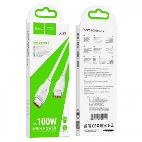 Кабель HOCO X93 Type-C — Type-C 100W, 1 м, TPE, разъёмы TPE, белый