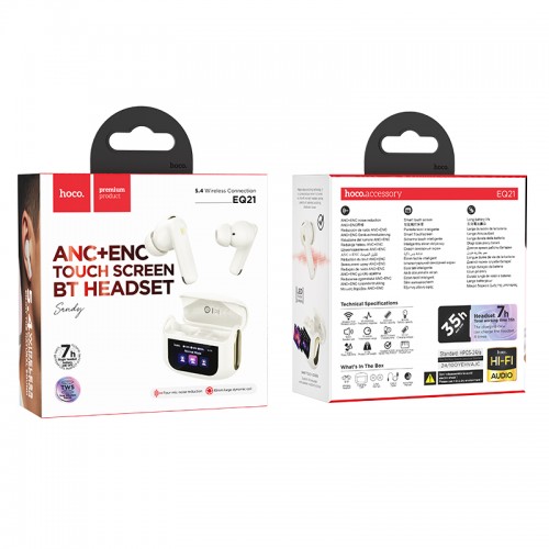 Беспроводные наушники TWS HOCO EQ21 Sandy ANC+ENC, сенсорный экран, Cloudy White