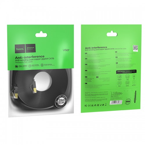 Сетевой кабель HOCO US07 General плоский сетевой кабель из чистой меди (L=20M) Черный