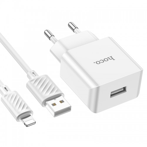 Мережевий зарядний пристрій з кабелем HOCO C106A Leisure single port charger set(iP) 10.5W White