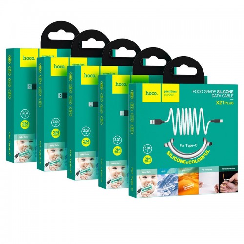 Кабель HOCO X21 Plus USB — Type-C 3A, 2 м, силиконовый, силиконовые коннекторы, Черный+Белый