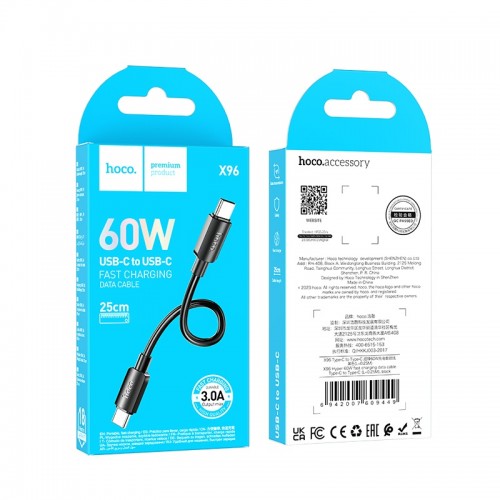Кабель HOCO X96 Hyper для быстрой зарядки 60W и передачи данных Type-C — Type-C (L=0,25 м) чёрный