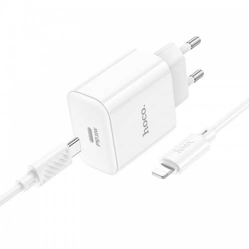 Сетевое зарядное устройство с кабелем HOCO C76A Pro Majestic, набор: однопортовое зарядное устройство PD30W (C to iP) (EU), белое