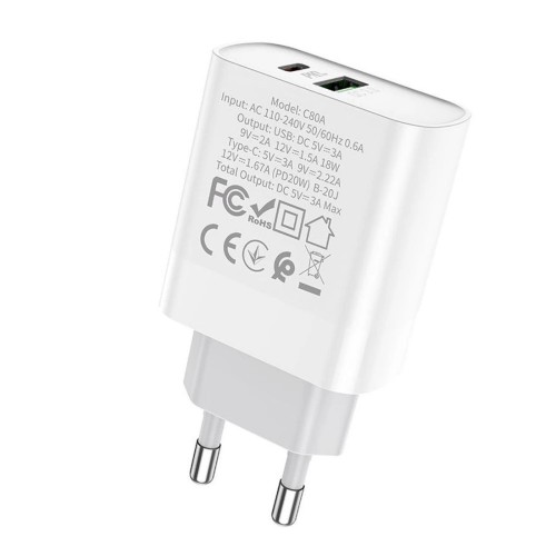 Сетевое зарядное устройство HOCO C80A Rapido PD20W+QC3.0 charger(EU) White