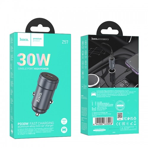 Автомобільний зарядний пристрій HOCO Z57 Glorious single-port PD30W car charger Metal Gray