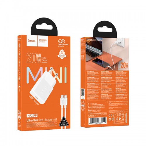 Мережевий зарядний пристрій з кабелем HOCO N72 Speed single-port PD20W ultra-thin charger set(C to C)(EU)