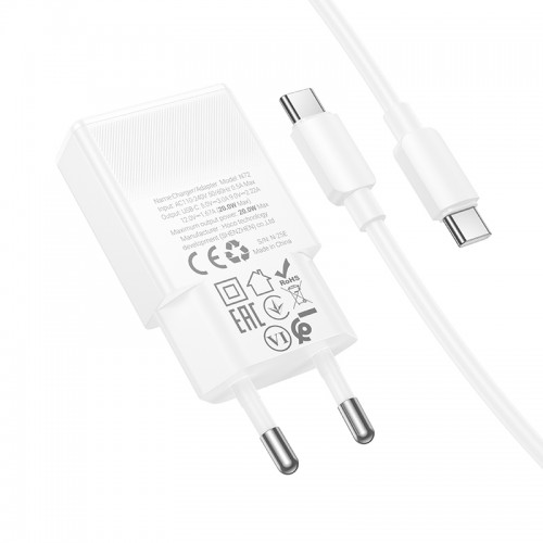 Мережевий зарядний пристрій з кабелем HOCO N72 Speed single-port PD20W ultra-thin charger set(C to C)(EU)