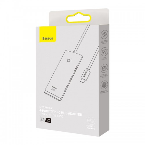 USB-хаб Baseus серии Lite, 4-портовый адаптер Type-C HUB (Type-C на USB 3.0*4), 25 см, чёрный