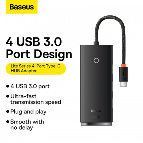 USB-хаб Baseus серии Lite, 4-портовый адаптер Type-C HUB (Type-C на USB 3.0*4), 25 см, чёрный