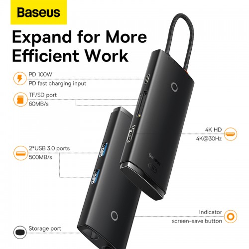 USB-хаб Baseus Lite Series 6-Port Type-C HUB Docking Station (Type-C to HDMI+USB3.0*2+PD+SD/TF) Black