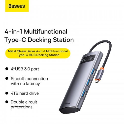 USB-хаб Baseus Metal Gleam Series 4-in-1 Multifunctional Type-C HUB Docking Station Gray（Type-C to USB3.0*4）