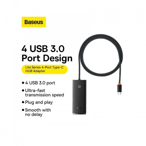 USB-хаб Baseus Lite Series, 4-портовый адаптер-концентратор Type-C HUB (Type-C на USB 3.0*4), 1 м, чёрный