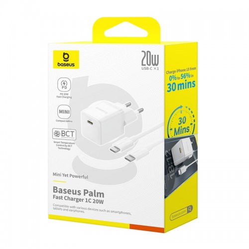 Мережевий зарядний пристрій Baseus Palm Fast Charger 1C 20W EU Moon White (with Baseus Mini White Cable USB-C to USB-C 60W (20V/3A) 1m Moon White)