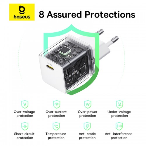 Мережевий зарядний пристрій Baseus Palm Fast Charger 1C 20W EU Moon White (with Baseus Mini White Cable USB-C to USB-C 60W (20V/3A) 1m Moon White)