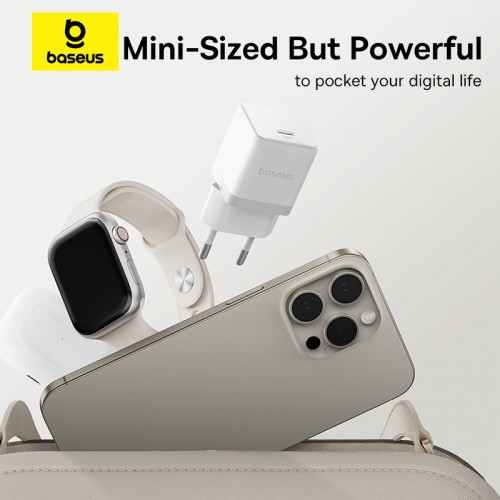 Мережевий зарядний пристрій Baseus Palm Fast Charger 1C 20W EU Moon White (with Baseus Mini White Cable USB-C to USB-C 60W (20V/3A) 1m Moon White)