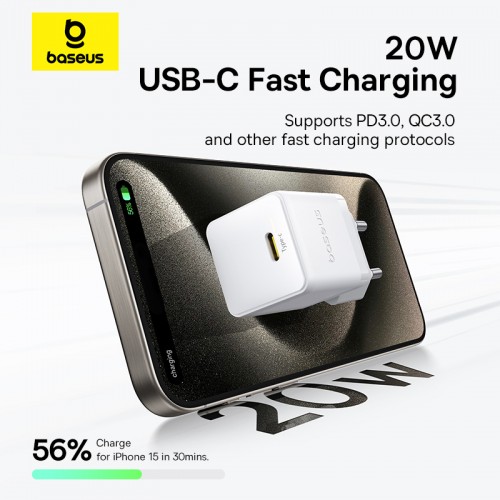 Мережевий зарядний пристрій Baseus Palm Fast Charger 1C 20W EU Moon White (with Baseus Mini White Cable USB-C to USB-C 60W (20V/3A) 1m Moon White)