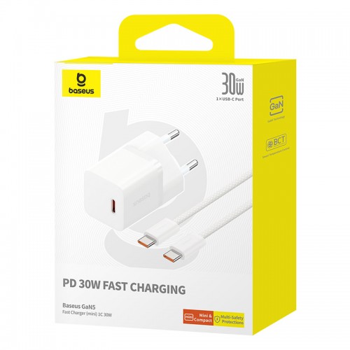 Сетевое зарядное устройство с кабелем Baseus GaN5 Fast Charger (mini) 1C 30W EU Moon White (в комплекте: кабель Type-C для быстрой зарядки и передачи данных)