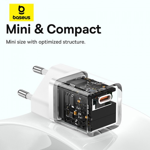 Сетевое зарядное устройство с кабелем Baseus GaN5 Fast Charger (mini) 1C 30W EU Moon White (в комплекте: кабель Type-C для быстрой зарядки и передачи данных)