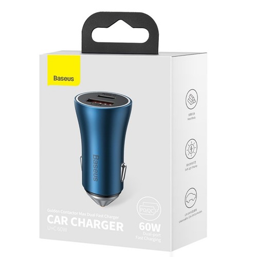 Автомобільний зарядний пристрій Baseus Golden Contactor Max Dual Fast Charger Car Charger U+C 60W Blue