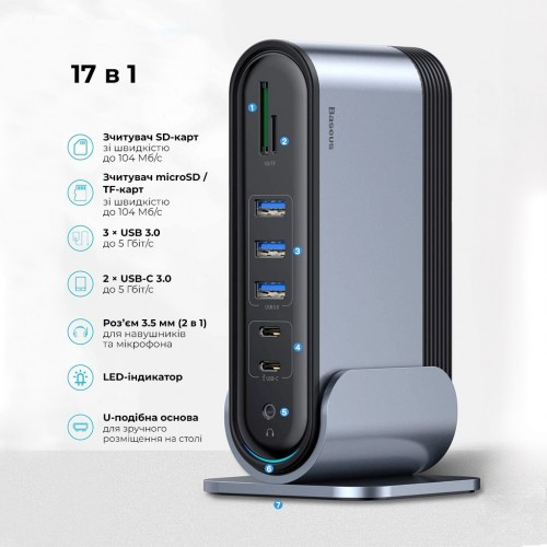USB-хаб Baseus UnionJoy 17-Port Triple-Display Docking Station Space Grey（USB-C to HDMI4K@60Hz*2+DP4K@60Hz*1+USB3.0*3+USB-C3.0*2+USB2.0*2+PD*1+PC*1+