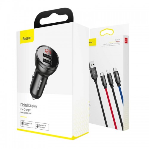 Автомобільний зарядний пристрій Baseus Digital Display Dual USB 4.8A Car Charger 24W+Three Primary Colors 3-in-1 Cable1.2M