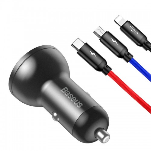 Автомобільний зарядний пристрій Baseus Digital Display Dual USB 4.8A Car Charger 24W+Three Primary Colors 3-in-1 Cable1.2M