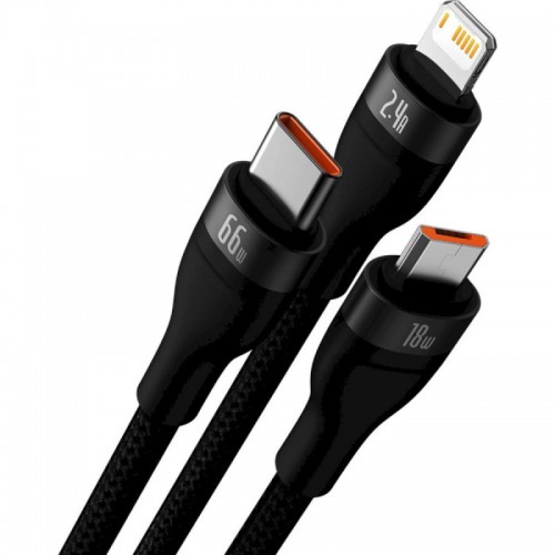 Кабель Baseus Flash Series Ⅱ One-for-three для быстрой зарядки и передачи данных USB — M+L+C 66 Вт, 1,2 м, чёрный