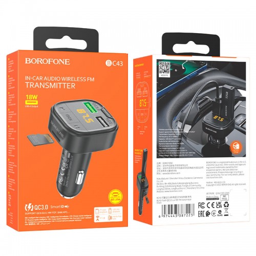 АЗП з FM-модулятором BOROFONE BC43 Flash QC3.0 car BT FM transmitter 18W Black