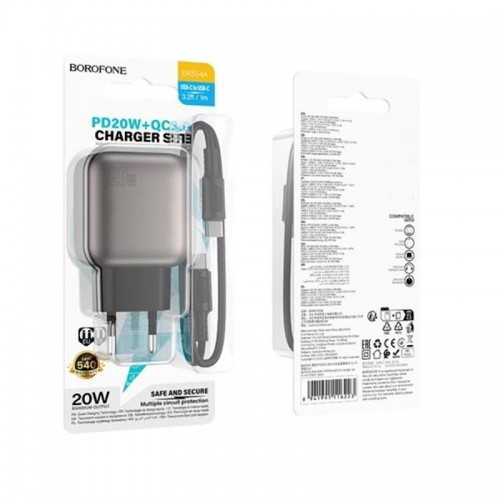 Сетевое зарядное устройство с кабелем BOROFONE BAS54A Absolute PD20W+QC3.0 charger set (C to C) (EU) Black