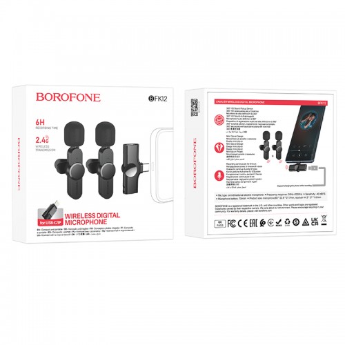 Бездротова мікрофонна система BOROFONE BFK12 Trophy lavalier dual-mic (iP/Type-C) Black