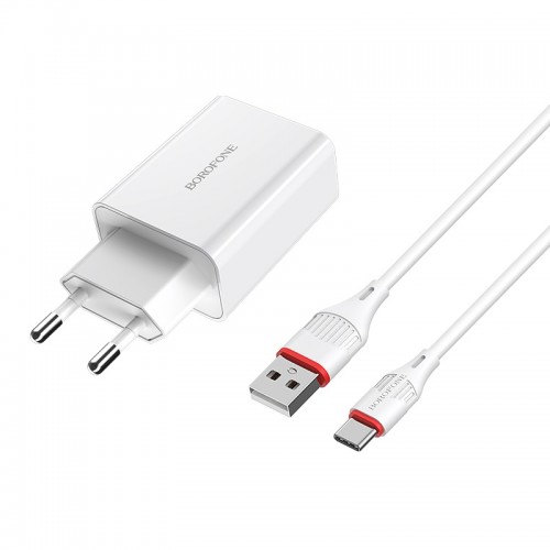 Мережевий зарядний пристрій з кабелем BOROFONE BA21A Long journey single port QC3.0 charger set(Type-C) 18W White