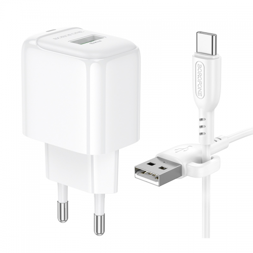 Сетевой зарядный комплект с кабелем BOROFONE BAS42A Potential, однопортовое зарядное устройство QC3.0 (Type-C) 18W, белый