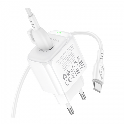 Сетевой зарядный комплект с кабелем BOROFONE BAS42A Potential, однопортовое зарядное устройство QC3.0 (Type-C) 18W, белый