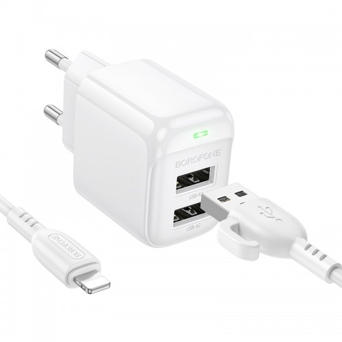 Мережевий зарядний пристрій з кабелем BOROFONE BAS41A Potential dual-port charger set(iP) White
