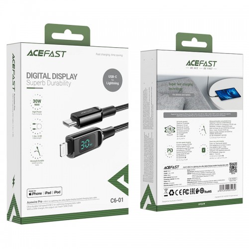 Кабель ACEFAST C6-01 Type-C to iP, 3A, 30W, 1.2m, nylon, zinc connectors, Black
