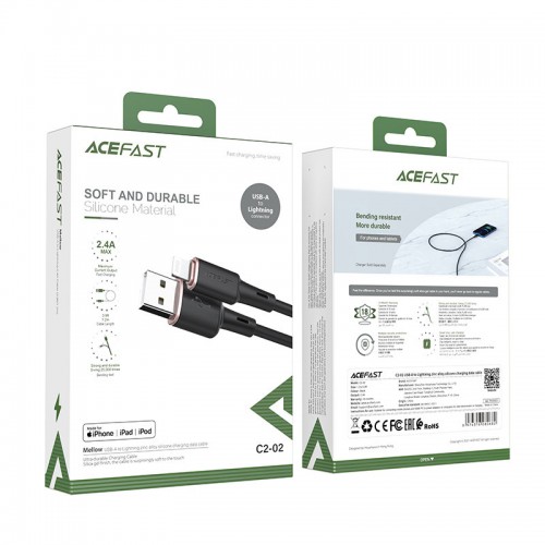 Кабель ACEFAST C2-02 USB to iP 2.4A, 1.2 м, силикон, цинковые коннекторы, чёрный