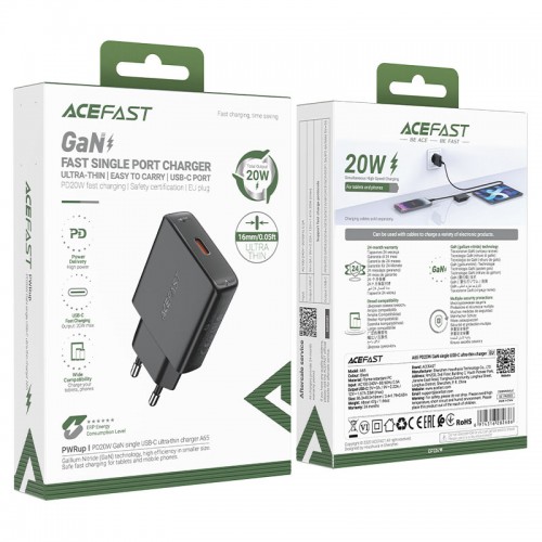 Сетевое зарядное устройство ACEFAST A65 PD20W GaN single USB-C ультратонкое зарядное устройство Black