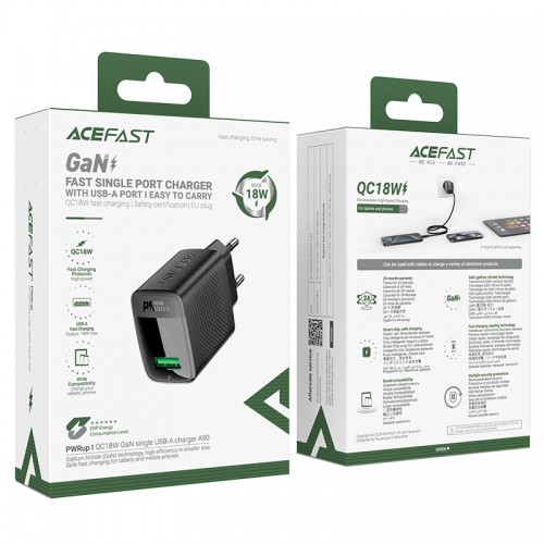 Мережевий зарядний пристрій ACEFAST A90 QC18W GaN single USB-A charger (EU) Black