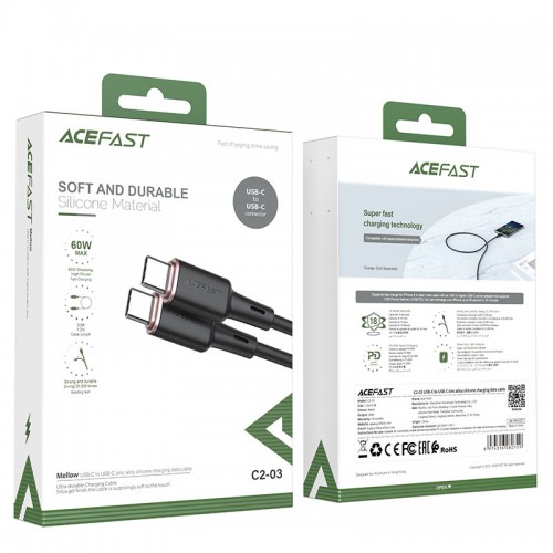 Кабель ACEFAST C2-03 Type-C — Type-C 3A, 60W, 1,2 м, силиконовый, цинковые коннекторы, чёрный