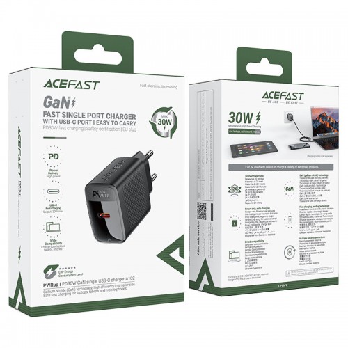 Сетевое зарядное устройство ACEFAST A102 PD30W GaN с одним USB-C (EU), чёрное