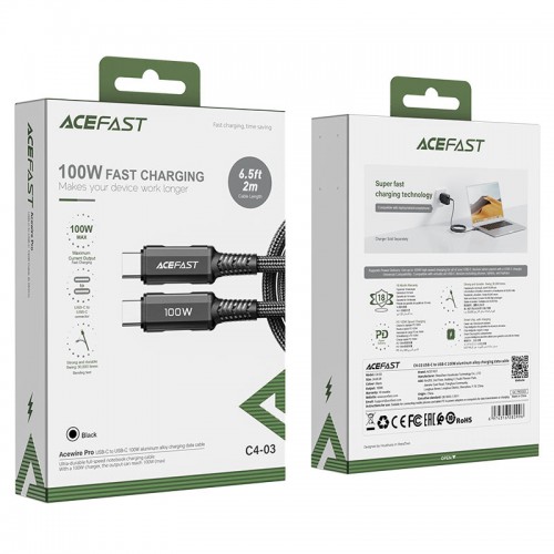 Кабель ACEFAST C4-03 Type-C — Type-C 5A, 100W, 2 м, нейлон, цинковые коннекторы, чёрный