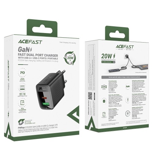 Сетевое зарядное устройство ACEFAST A78 PD20W GaN (USB-A+USB-C) charger Black