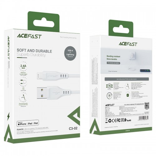 Кабель ACEFAST C3-02 USB — iP 2.4A, 1.2 м, TPE, разъёмы TPE, белый