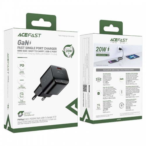 Сетевое зарядное устройство ACEFAST A73 mini PD20W GaN USB-C charger Black